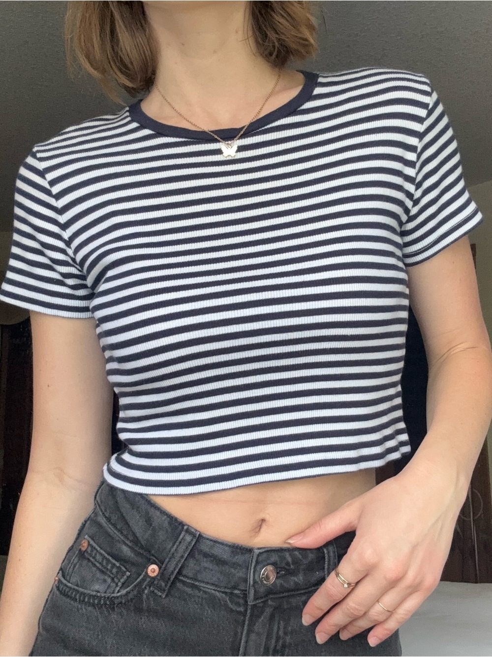 brandy melville navy blue and white striped crewneck baby tee